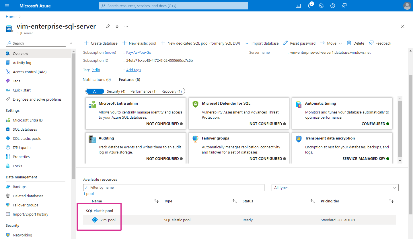 SQL elastic pool